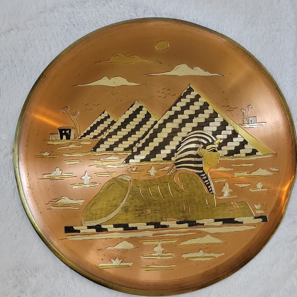 Decorative Brass Wall Plate with Egyptian Pyramids and Sphinx Design, Unique Art